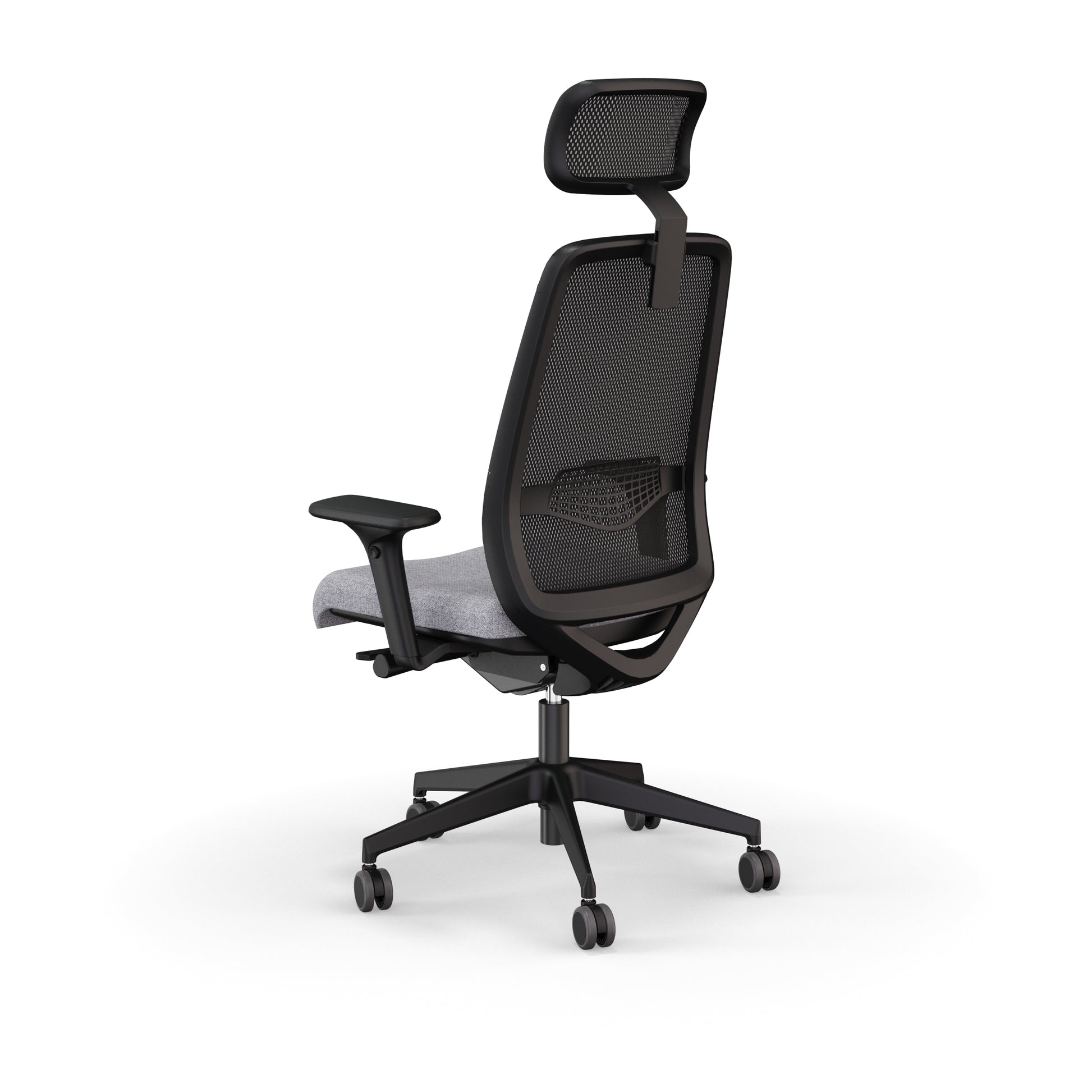 Fauteuil de bureau ergonomique Gabin avec dossier et têtière en résille respirante, assise en tissu, mécanisme synchrone et accoudoirs 4D. Vue de dos