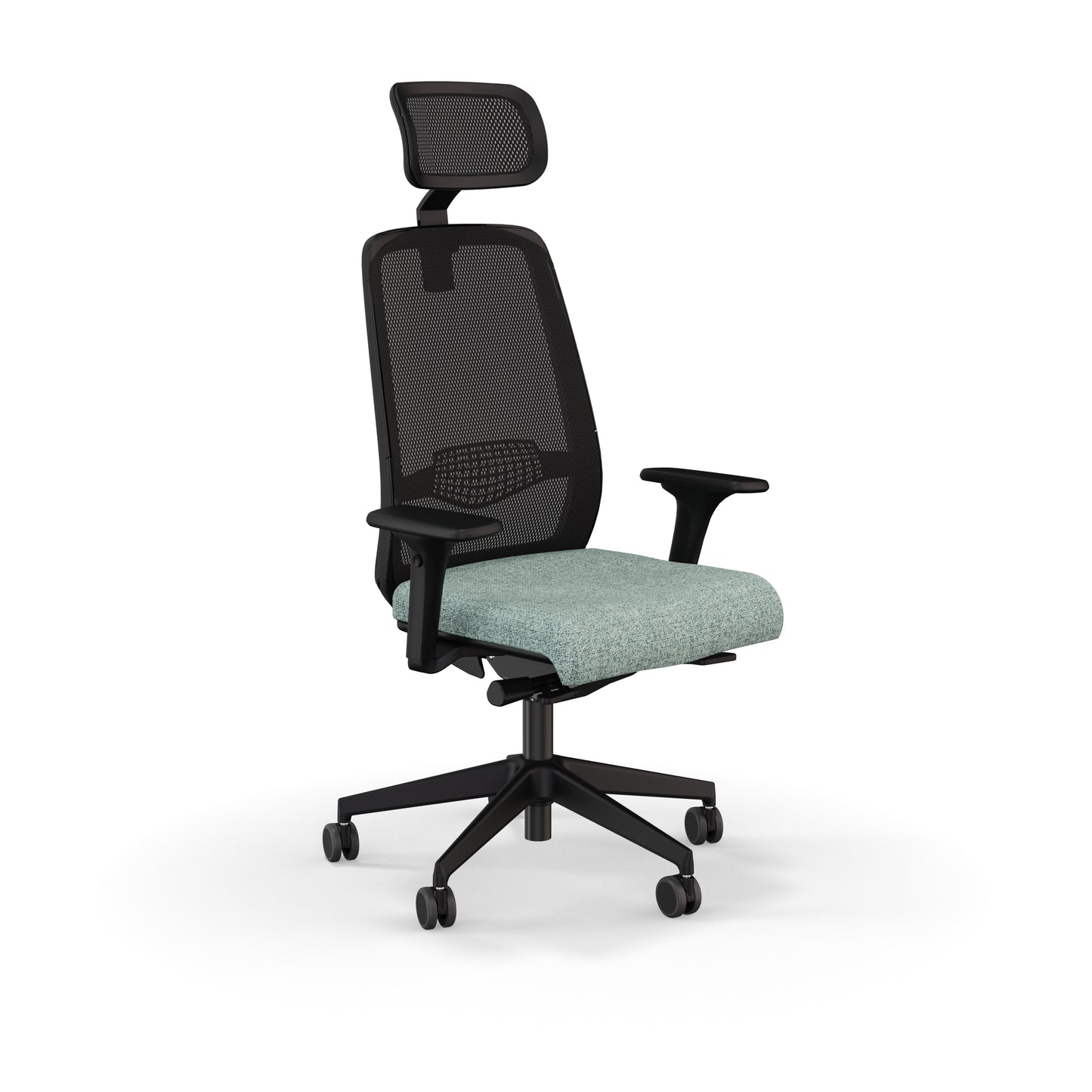 Fauteuil de bureau ergonomique Gabin avec dossier et têtière en résille respirante, assise en tissu, mécanisme synchrone et accoudoirs 4D. Aqua