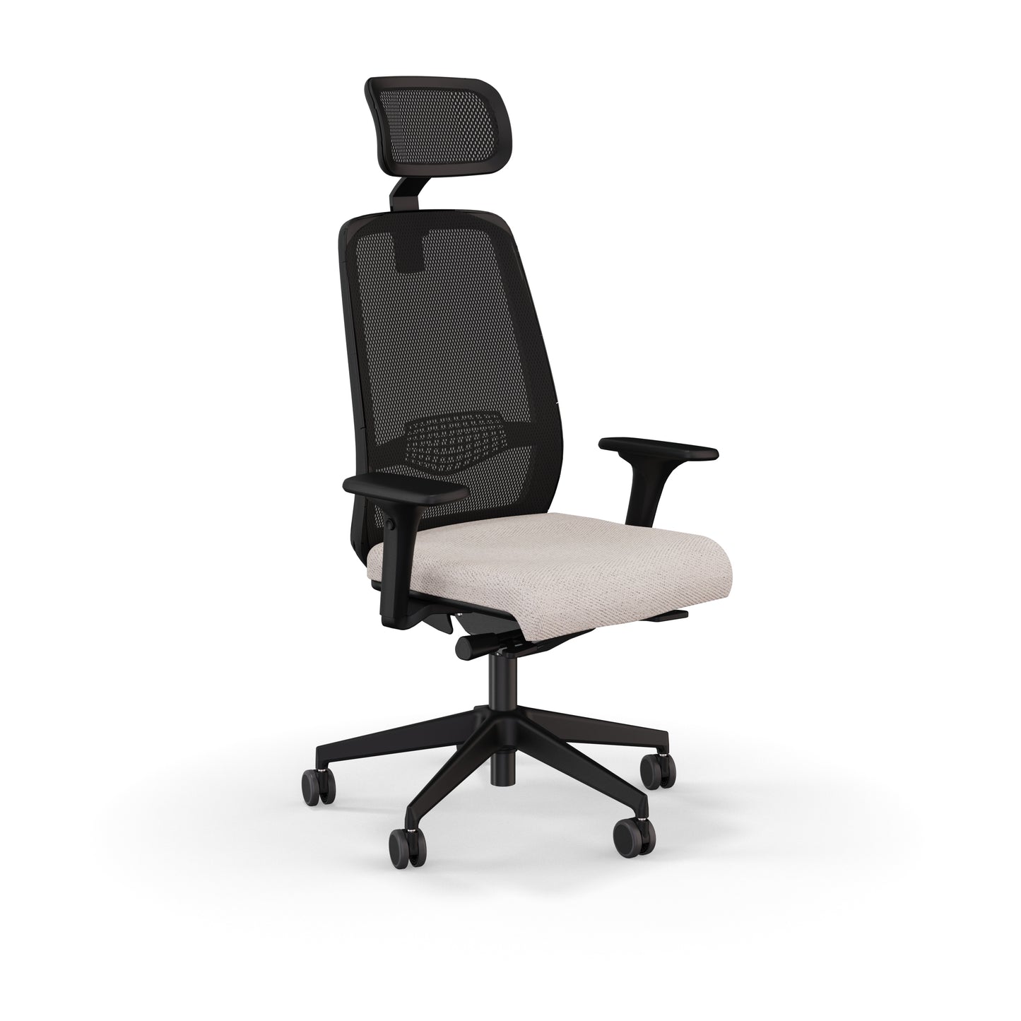 Fauteuil de bureau ergonomique Gabin avec dossier et têtière en résille respirante, assise en tissu, mécanisme synchrone et accoudoirs 4D. Biege