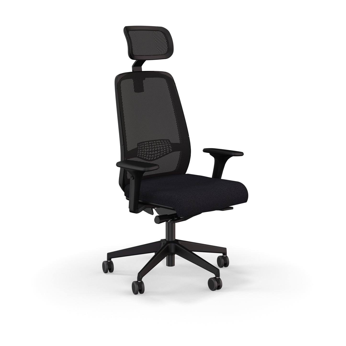 Fauteuil de bureau ergonomique Gabin avec dossier et têtière en résille respirante, assise en tissu, mécanisme synchrone et accoudoirs 4D. Black