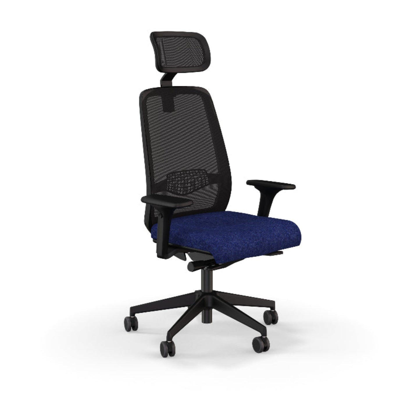 Fauteuil de bureau ergonomique Gabin avec dossier et têtière en résille respirante, assise en tissu, mécanisme synchrone et accoudoirs 4D. Bleu marine