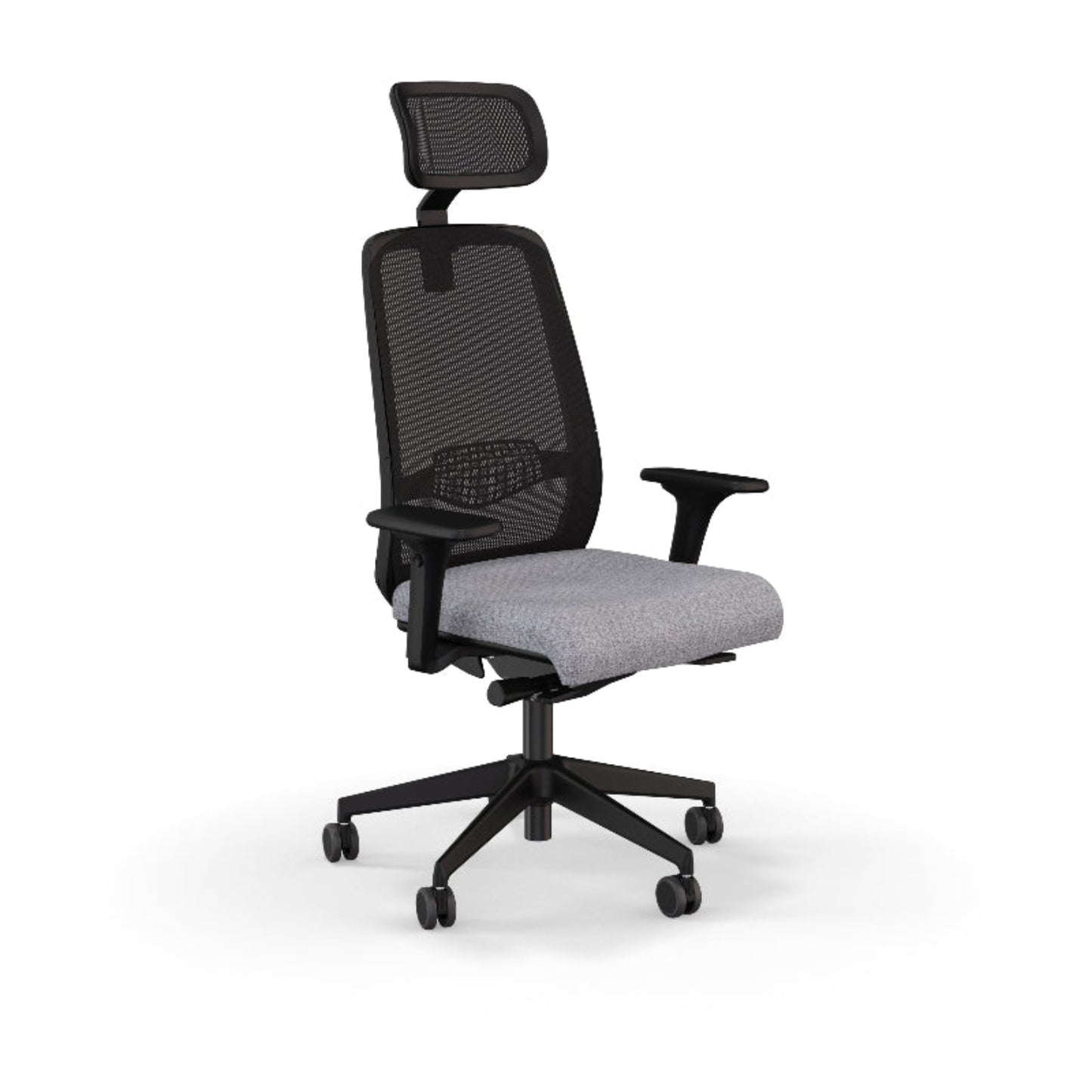 Fauteuil de bureau ergonomique Gabin avec dossier et têtière en résille respirante, assise en tissu, mécanisme synchrone et accoudoirs 4D. Gris clair