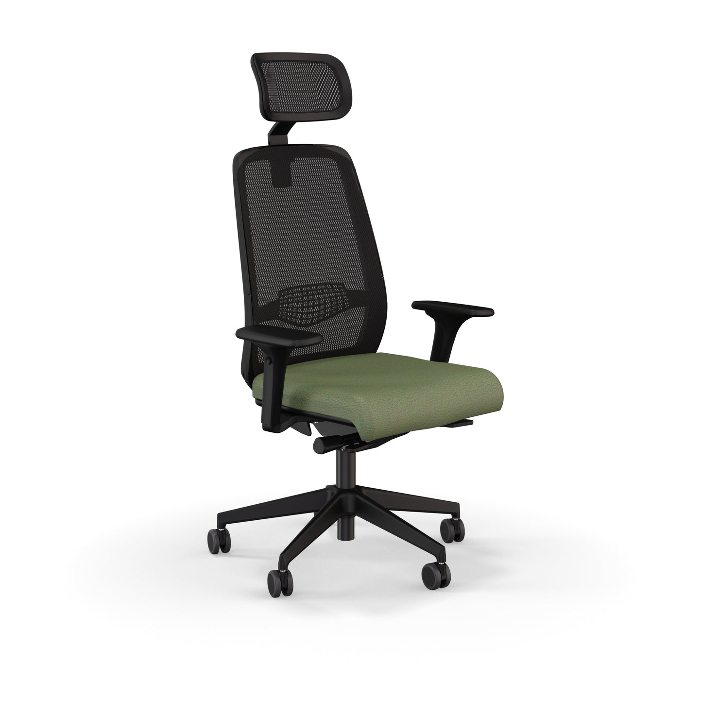 Fauteuil de bureau ergonomique Gabin avec dossier et têtière en résille respirante, assise en tissu, mécanisme synchrone et accoudoirs 4D. Vert olive
