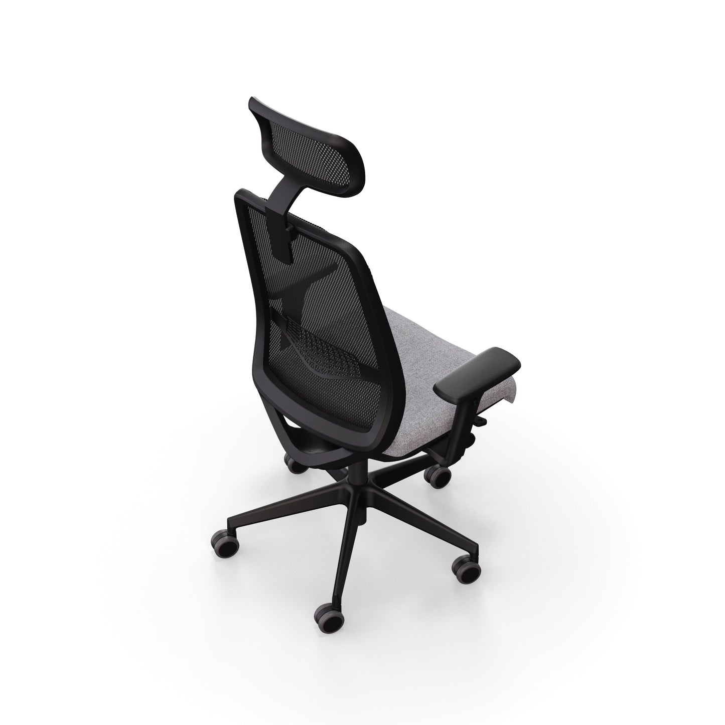 Fauteuil de bureau ergonomique Gabin avec dossier et têtière en résille respirante, assise en tissu, mécanisme synchrone et accoudoirs 4D. Vue d'en haut
