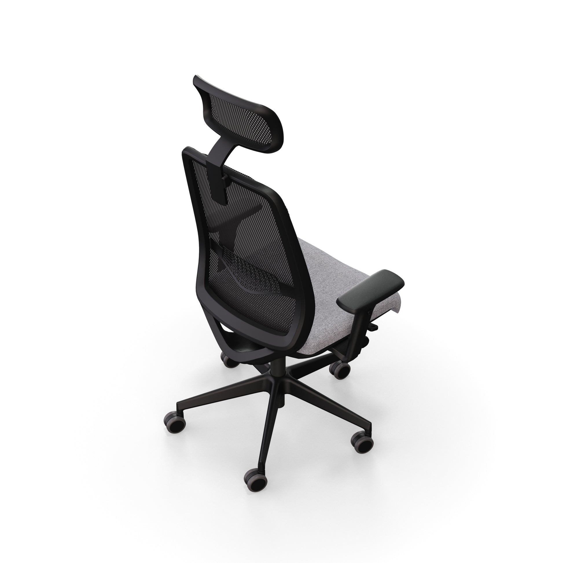 Fauteuil de bureau ergonomique Gabin avec dossier et têtière en résille respirante, assise en tissu, mécanisme synchrone et accoudoirs 4D. Vue d'en haut