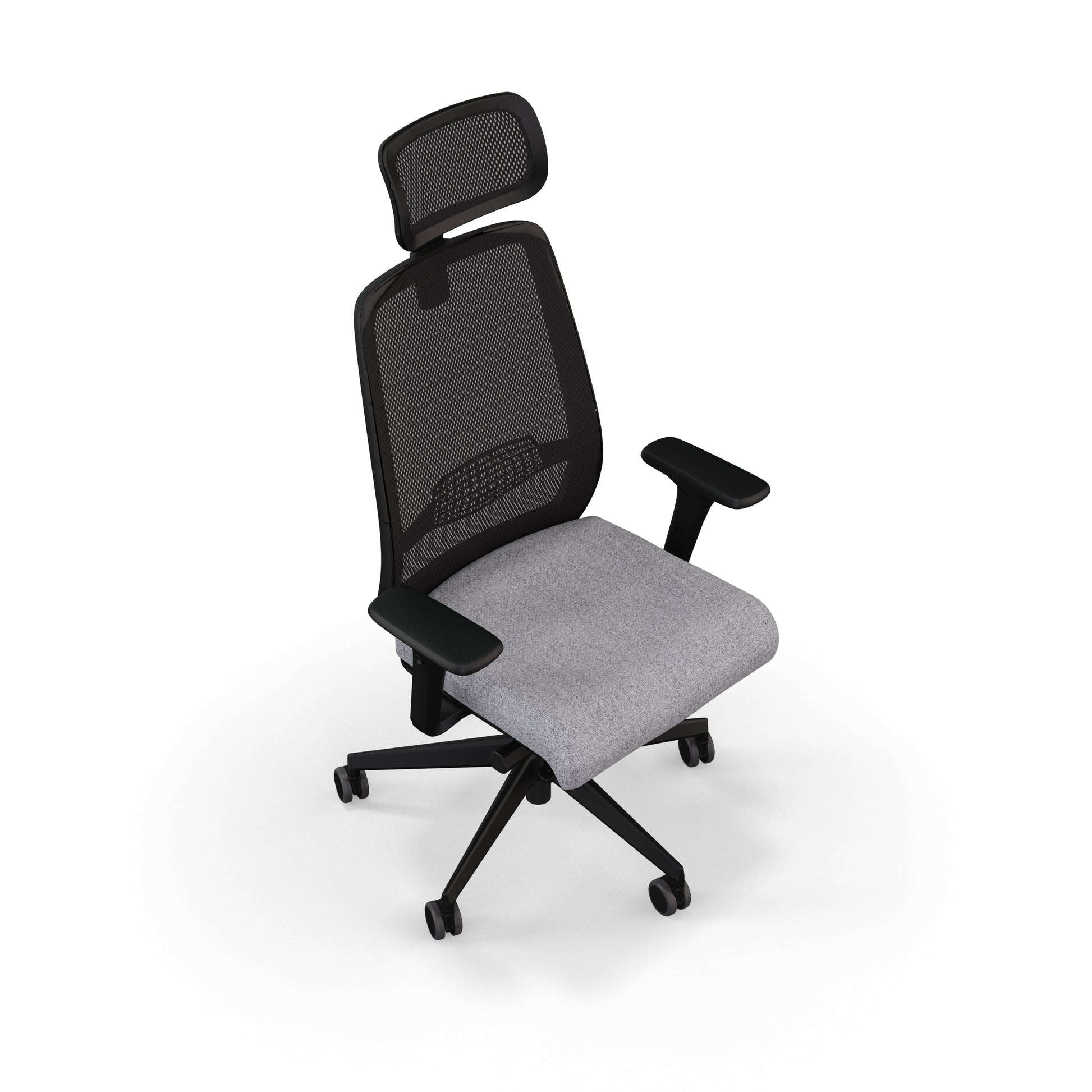 Fauteuil de bureau ergonomique Gabin avec dossier et têtière en résille respirante, assise en tissu, mécanisme synchrone et accoudoirs 4D. Vue d'en haut face