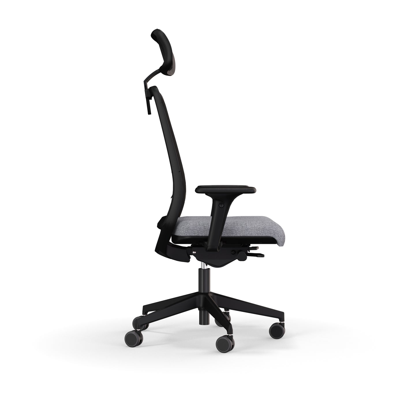 Fauteuil de bureau ergonomique Gabin avec dossier et têtière en résille respirante, assise en tissu, mécanisme synchrone et accoudoirs 4D. Vue de cote