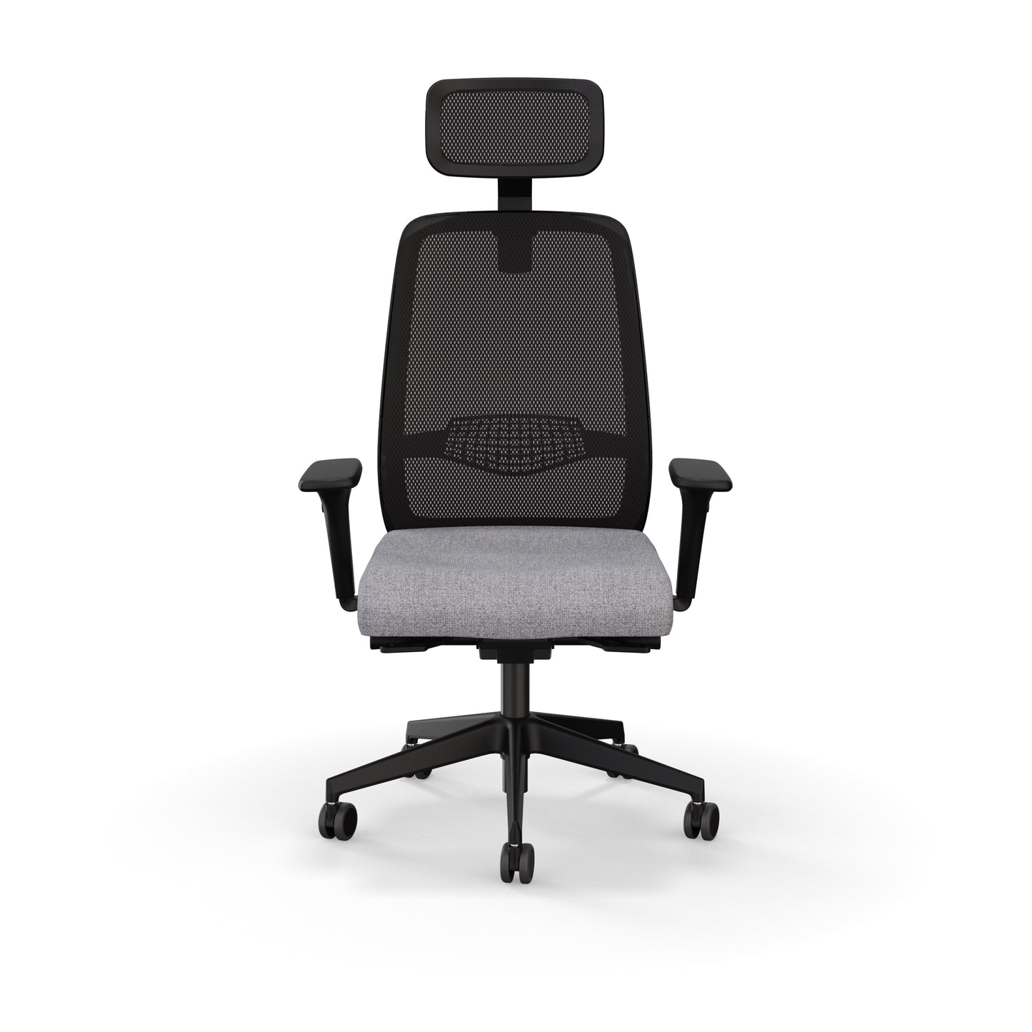 Fauteuil de bureau ergonomique Gabin avec dossier et têtière en résille respirante, assise en tissu, mécanisme synchrone et accoudoirs 4D. Vue de face