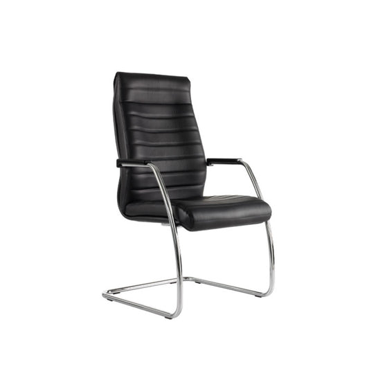 Fauteuil visiteur haut de gamme Manhattan en cuir noir avec piétement luge chromé.