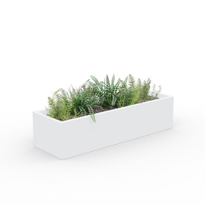 Jardinière de plantes artificielles mixtes dans un grand bac rectangulaire en mélamine blanche, idéale pour la séparation de bureaux en open space.