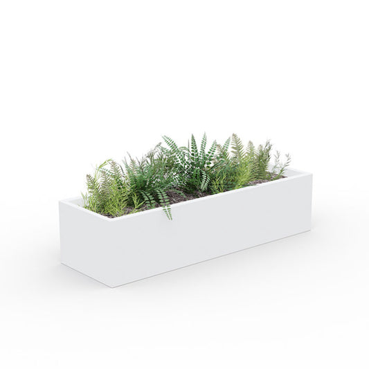 Jardinière de plantes artificielles mixtes dans un grand bac rectangulaire en mélamine blanche, idéale pour la séparation de bureaux en open space.