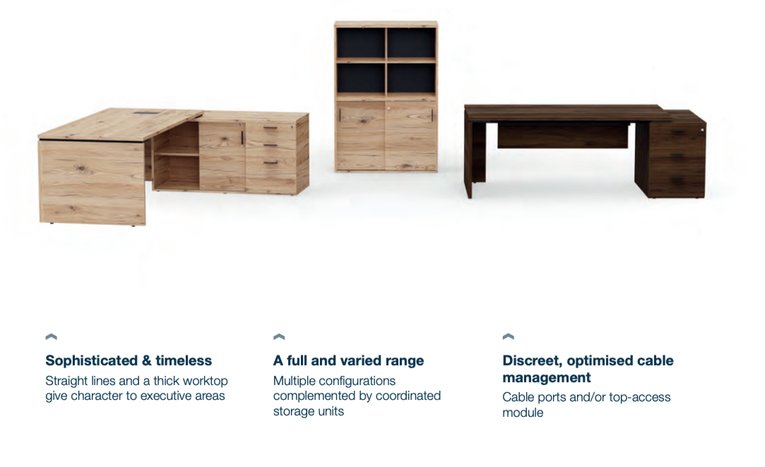 Kara EOL Wooden office furniture including desks and storage units on a white background