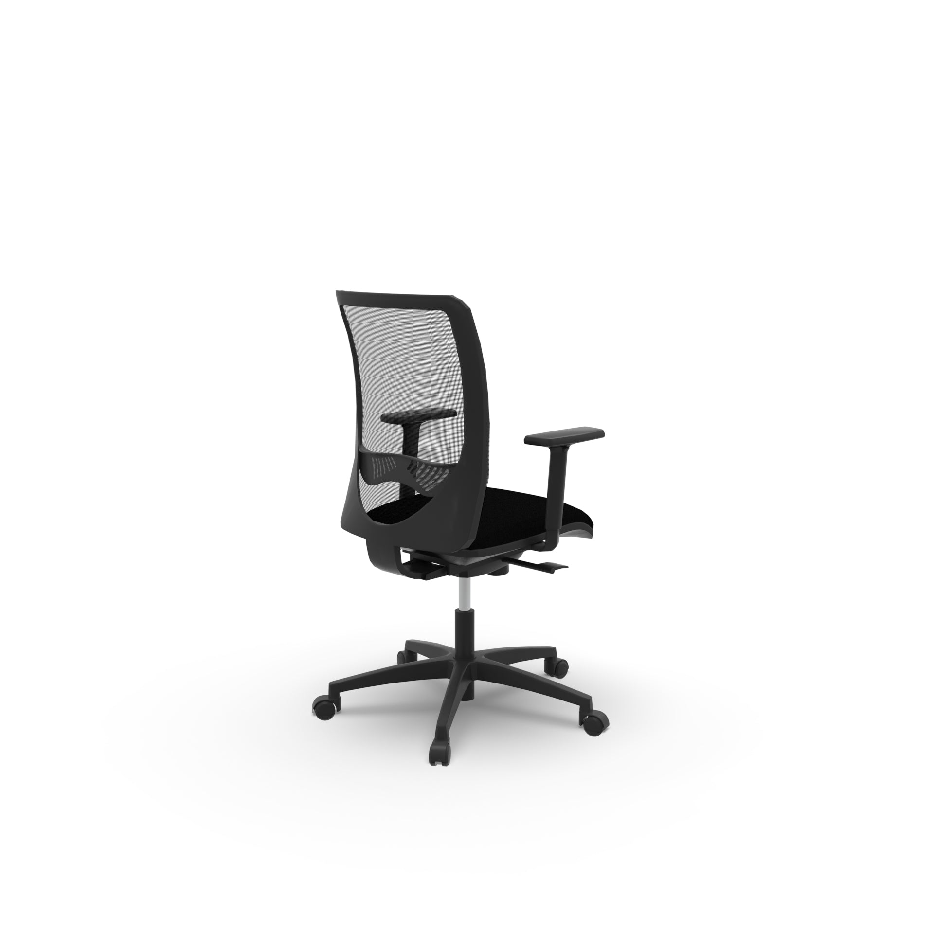 Alter Office Chair from EOL featuring a breathable mesh back and ergonomic seating, 1D height-adjustable armrests.  Black. Back view side.
