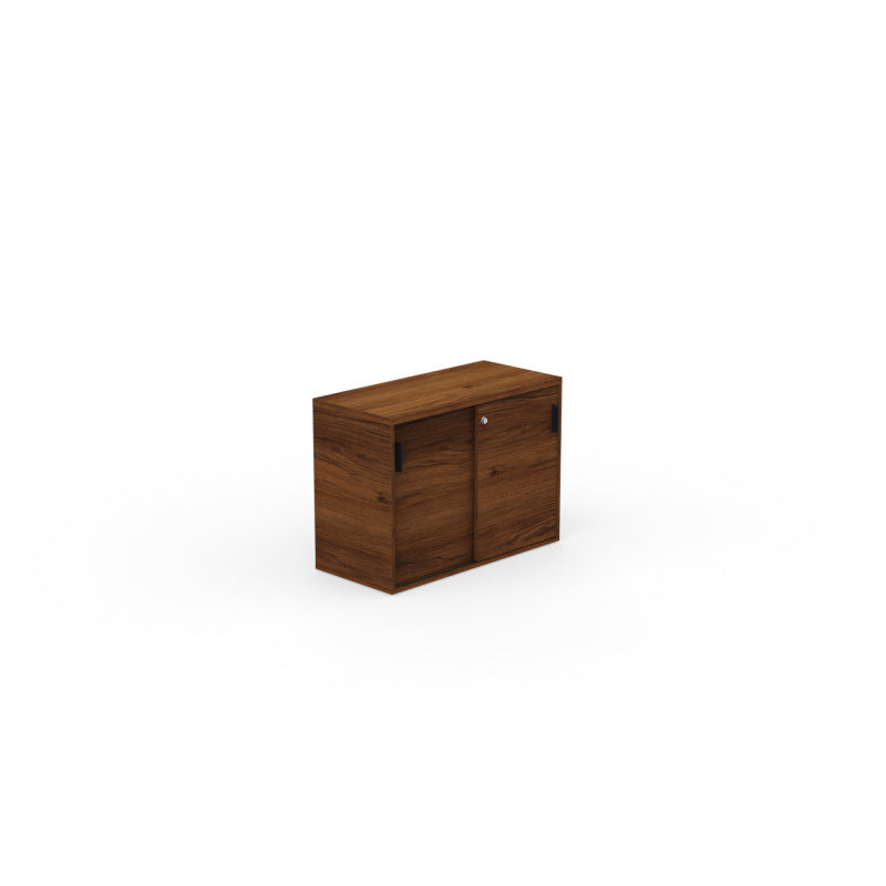 Petite armoire de bureau basse Kara 73,5 cm finition Noyer Brun avec portes coulissantes verrouillables.