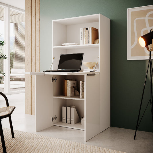 Armoire bureau escamotable gain de place avec plateau rabattable et étagères de rangement 70cm, finition blanc brillant, modèle Dalia par Office Luxe. 