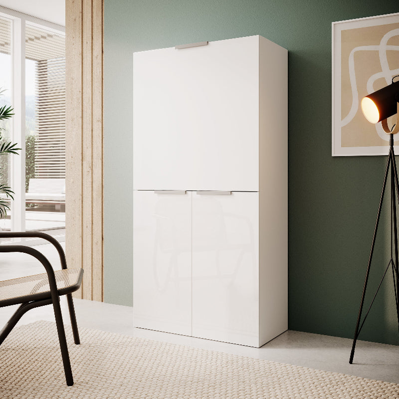 Armoire bureau escamotable gain de place avec plateau rabattable et étagères de rangement 70cm, finition blanc brillant, modèle Dalia par Office Luxe. Closed 