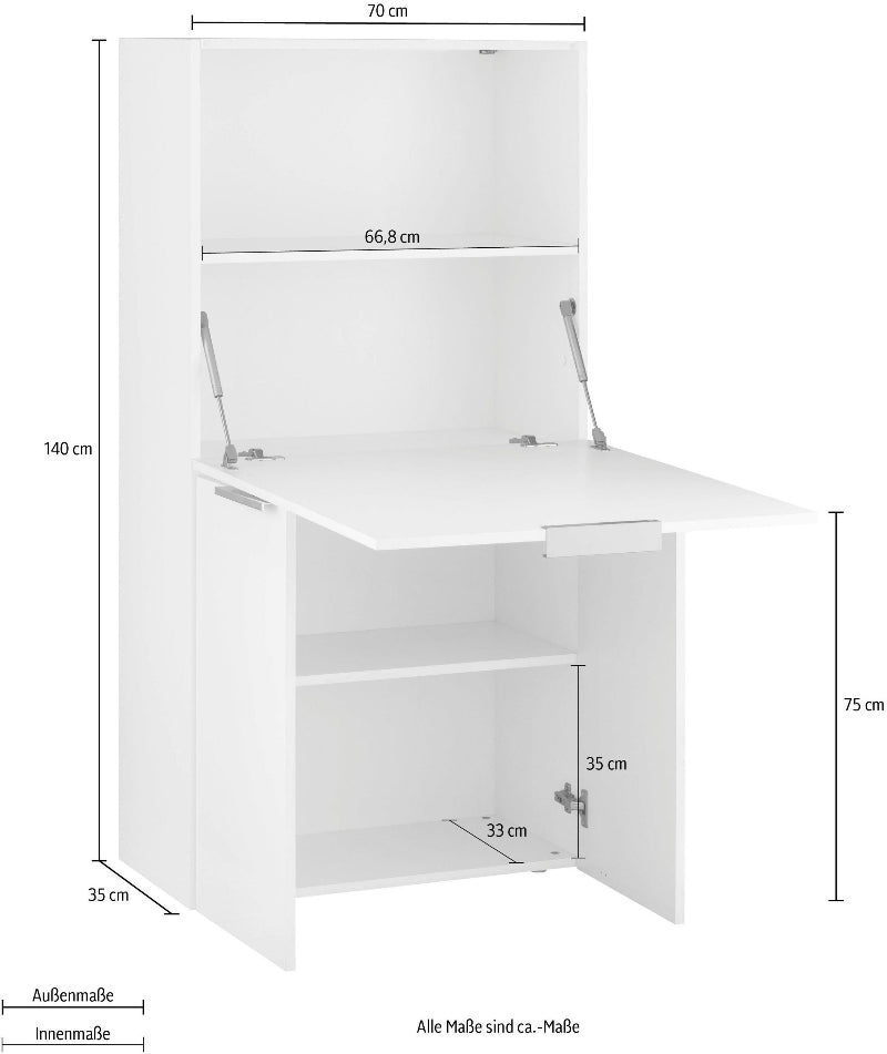 Armoire bureau escamotable gain de place avec plateau rabattable et étagères de rangement 70cm, finition blanc brillant, modèle Dalia par Office Luxe. Dimensions