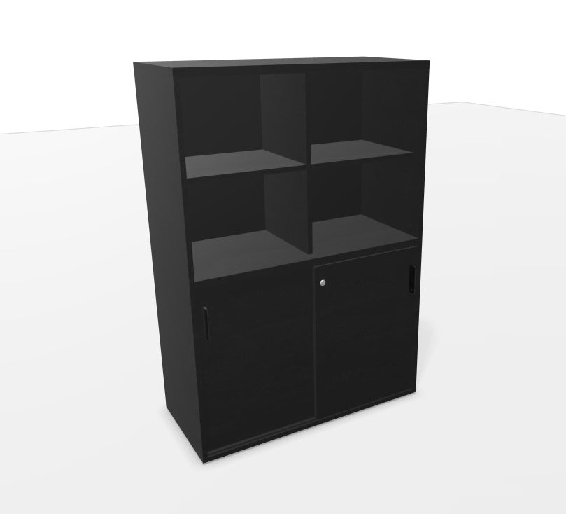 Armoire de bureau Kara 144 cm finition Bois Noir avec portes coulissantes verrouillables et espaces ouverts.