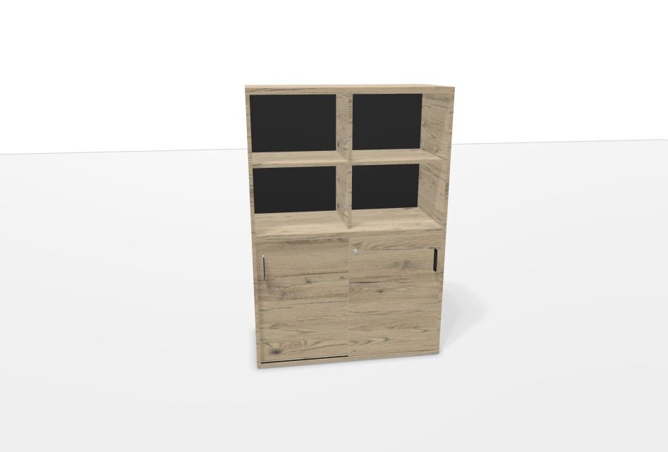 Armoire de bureau Kara 144 cm finition Chêne Brunswick avec portes coulissantes verrouillables et espaces ouverts.