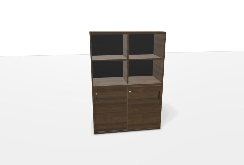 Armoire de bureau Kara 144 cm finition Noyer Brun avec portes coulissantes verrouillables et espaces ouverts.