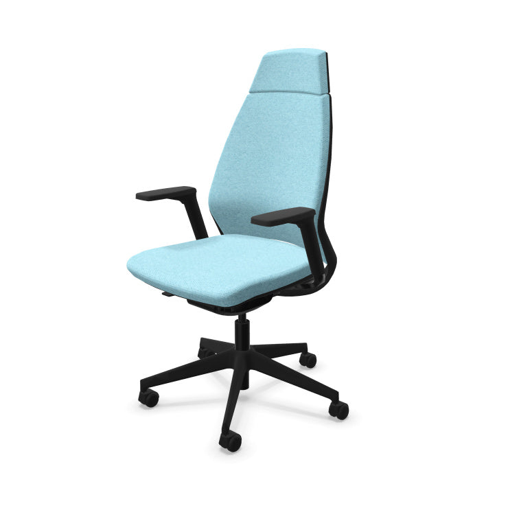 Fauteuil de bureau ergonomique haut de gamme Eliott avec haut dossier, accoudoirs 3D et revêtement en tissu coloré chiné. Bleu givre