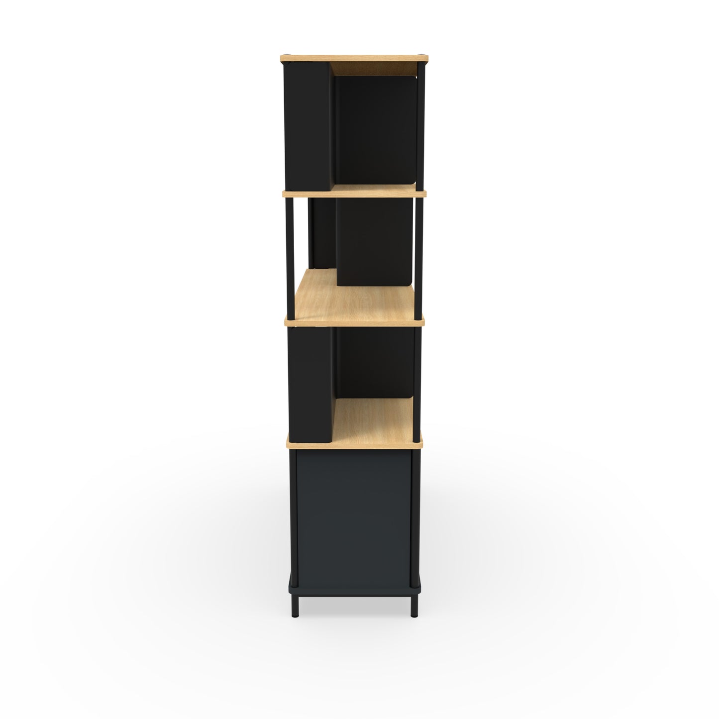 Bibliothèque L. 141 cm Karl avec structure en mélamine Lin et portes en métal noir, intégrant des étagères et des tiroirs. Vue de cote