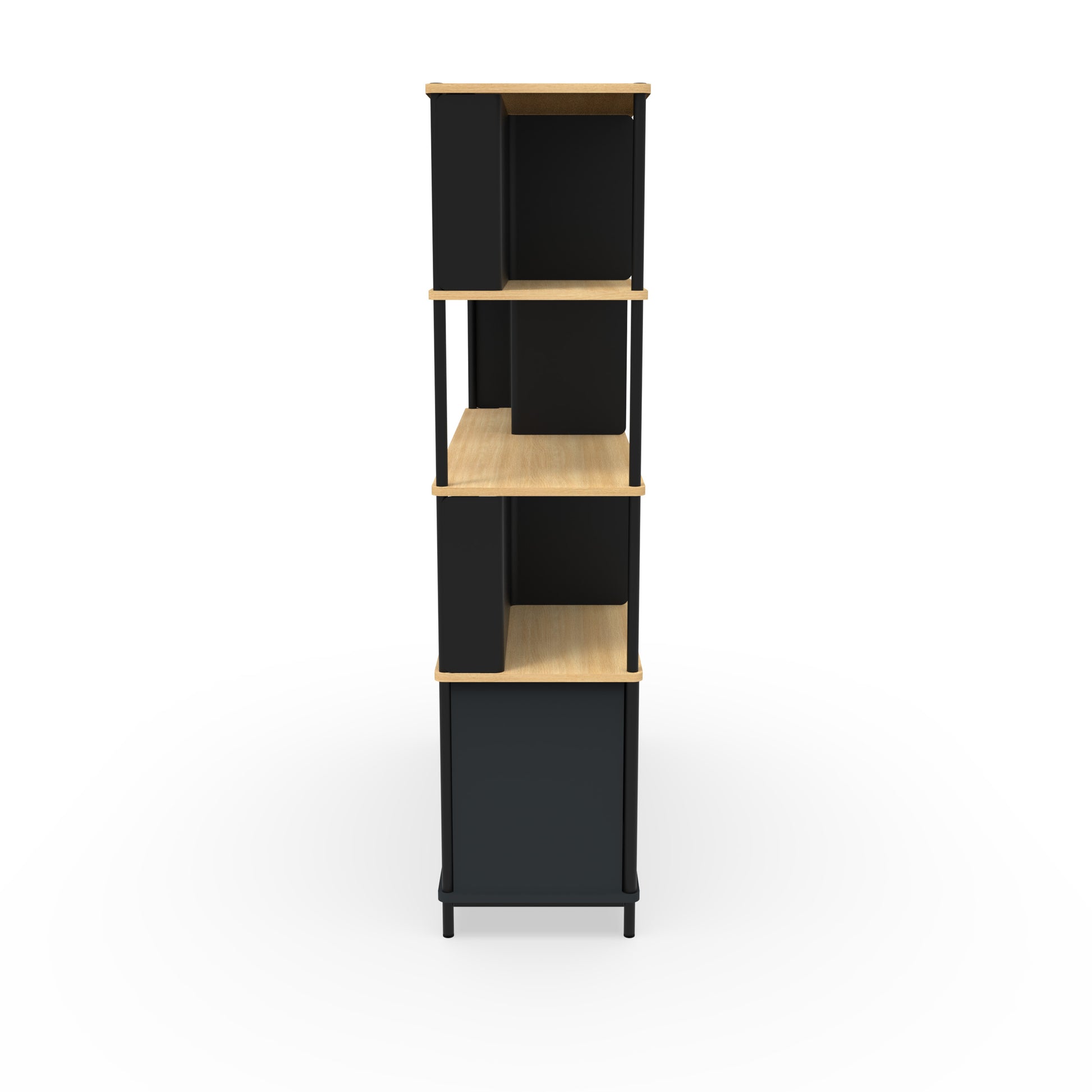 Bibliothèque L. 141 cm Karl avec structure en mélamine Lin et portes en métal noir, intégrant des étagères et des tiroirs. Vue de cote