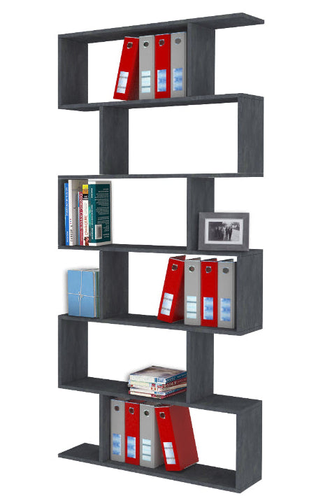 Bibliothèque verticale moderne avec 6 étagères décalées 191cm, modèle Calli par Office Luxe. Gris ardoise.