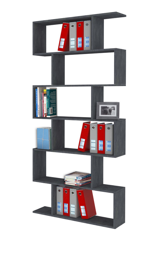 Bibliothèque verticale moderne avec 6 étagères décalées 191cm, modèle Calli par Office Luxe. Gris ardoise.