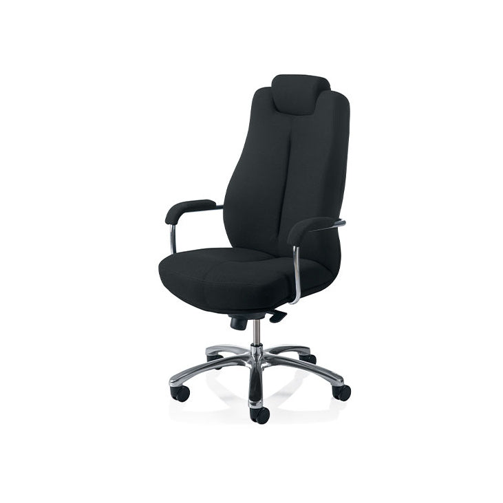 Black ergonomic task chair with mesh back and adjustable headrest, built for continuous 24/7 intensive use.