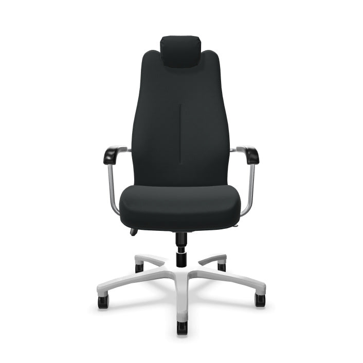 Black ergonomic task chair with mesh back and adjustable headrest, built for continuous 24/7 intensive use. front view