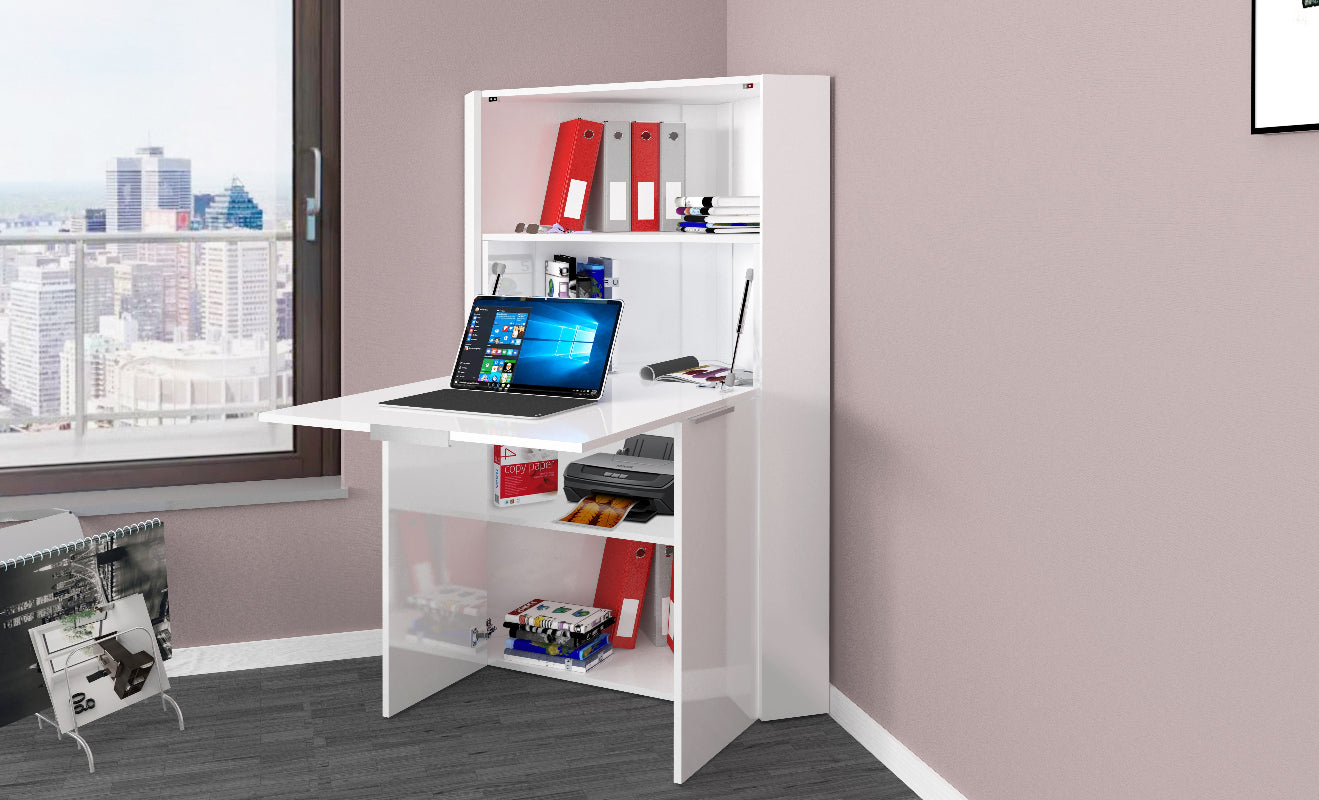 Bureau d'angle gain de place avec plateau rabattable et étagères de rangement 70cm, finition blanc brillant, modèle Dalia par Office Luxe.