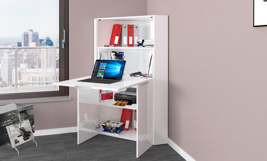 Bureau d'angle gain de place avec plateau rabattable et étagères de rangement 70cm, finition blanc brillant, modèle Dalia par Office Luxe.