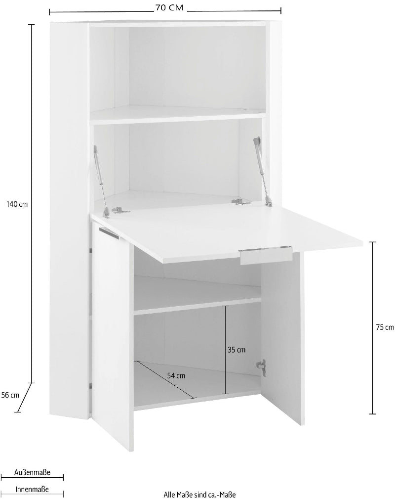 Bureau d'angle gain de place avec plateau rabattable et étagères de rangement 70cm, finition blanc brillant, modèle Dalia par Office Luxe. Dimensions