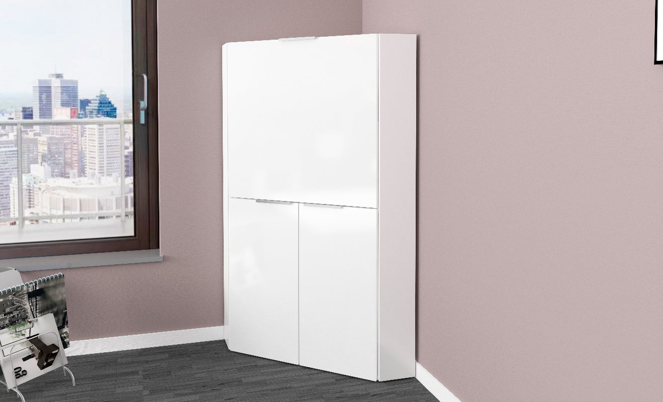 Bureau d'angle gain de place avec plateau rabattable et étagères de rangement 70cm, finition blanc brillant, modèle Dalia par Office Luxe. Ferme
