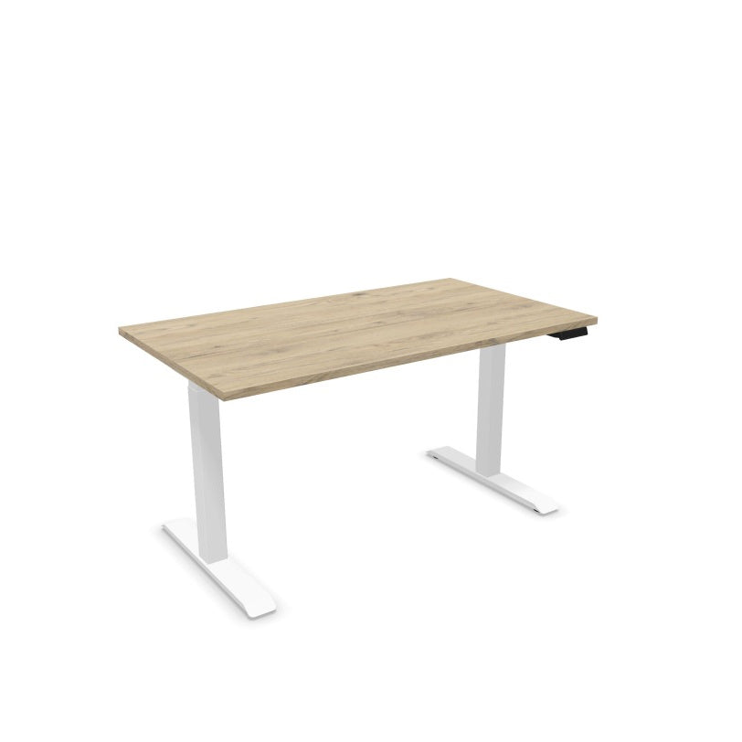 Elektrisch zit-sta bureau Lutz 2 met wit metalen onderstel en melamine blad in Brunswick Eiken afwerking.