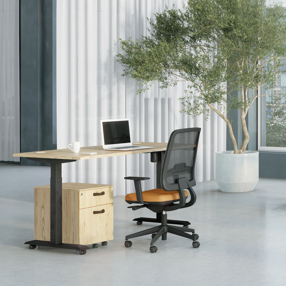 Aménagement de bureau moderne et lumineux présentant le bureau assis-debout Lutz 2 avec piétement noir, accompagné d'un fauteuil ergonomique et d'un caisson mobile assorti.