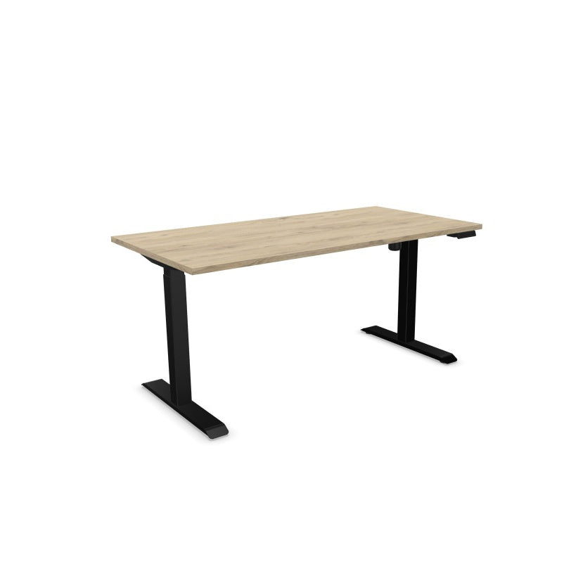 Bureau assis-debout électrique Lutz 2 avec piétement en métal noir et plateau en mélamine finition Chêne Brunswick.