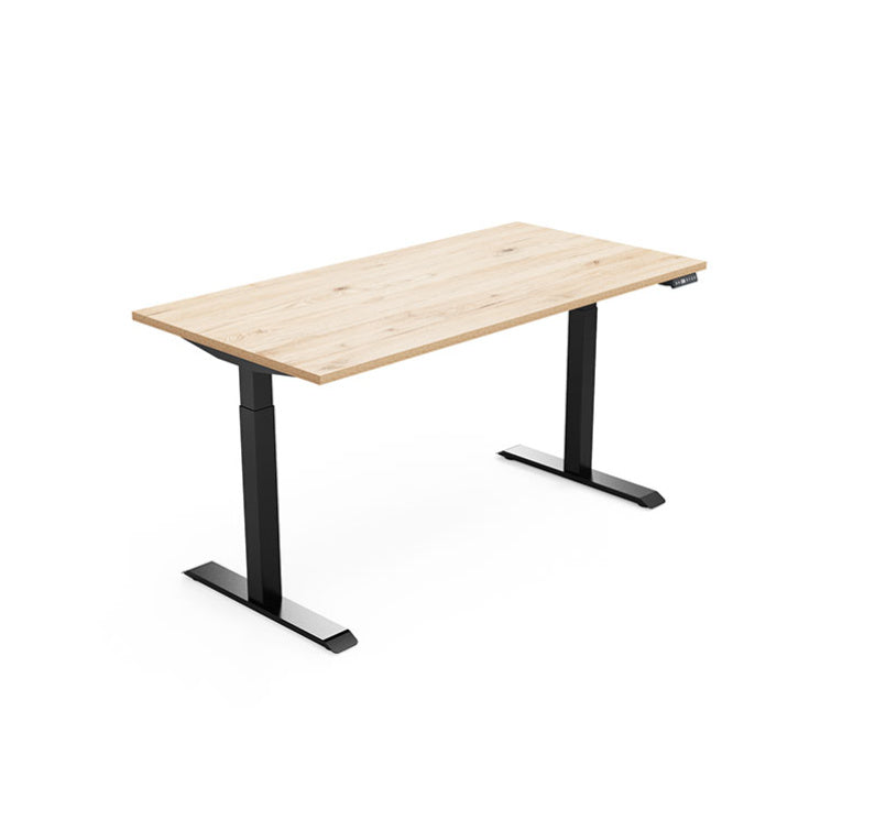 Bureau assis-debout électrique Lutz 2 avec piétement en métal noir et plateau en mélamine finition Chêne Naturel.