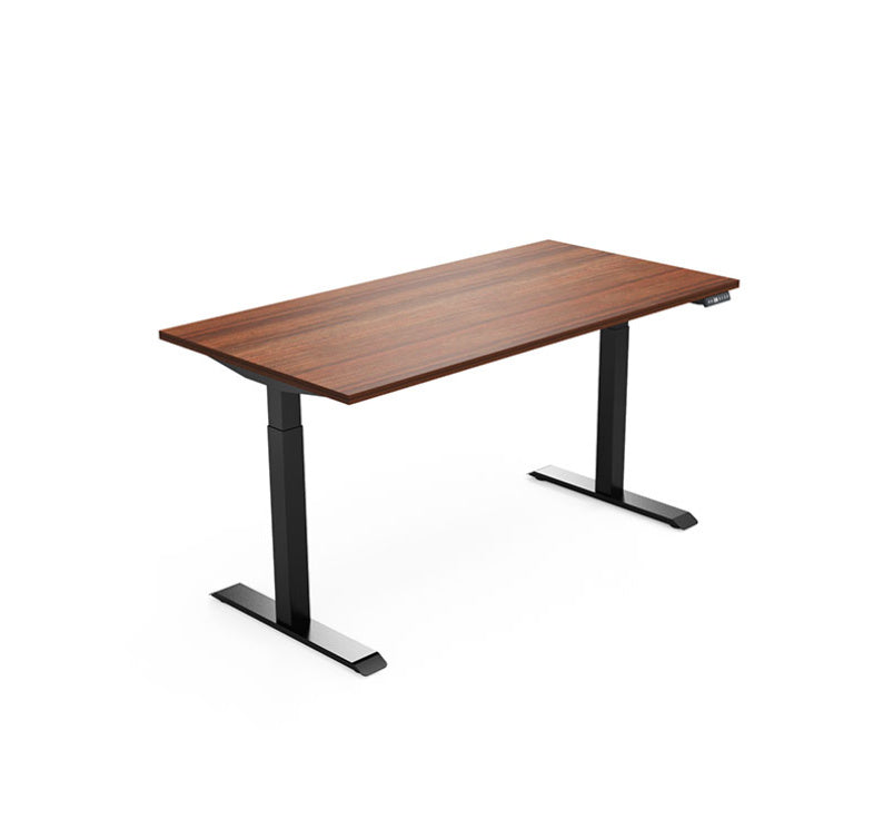 Bureau assis-debout électrique Lutz 2 avec piétement en métal noir et plateau en mélamine finition Noyer Foncé.
