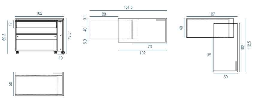 Schéma technique du bureau compact modulable Homère détaillant les dimensions d'encombrement pour les positions fermée, ouverte en ligne et en angle.