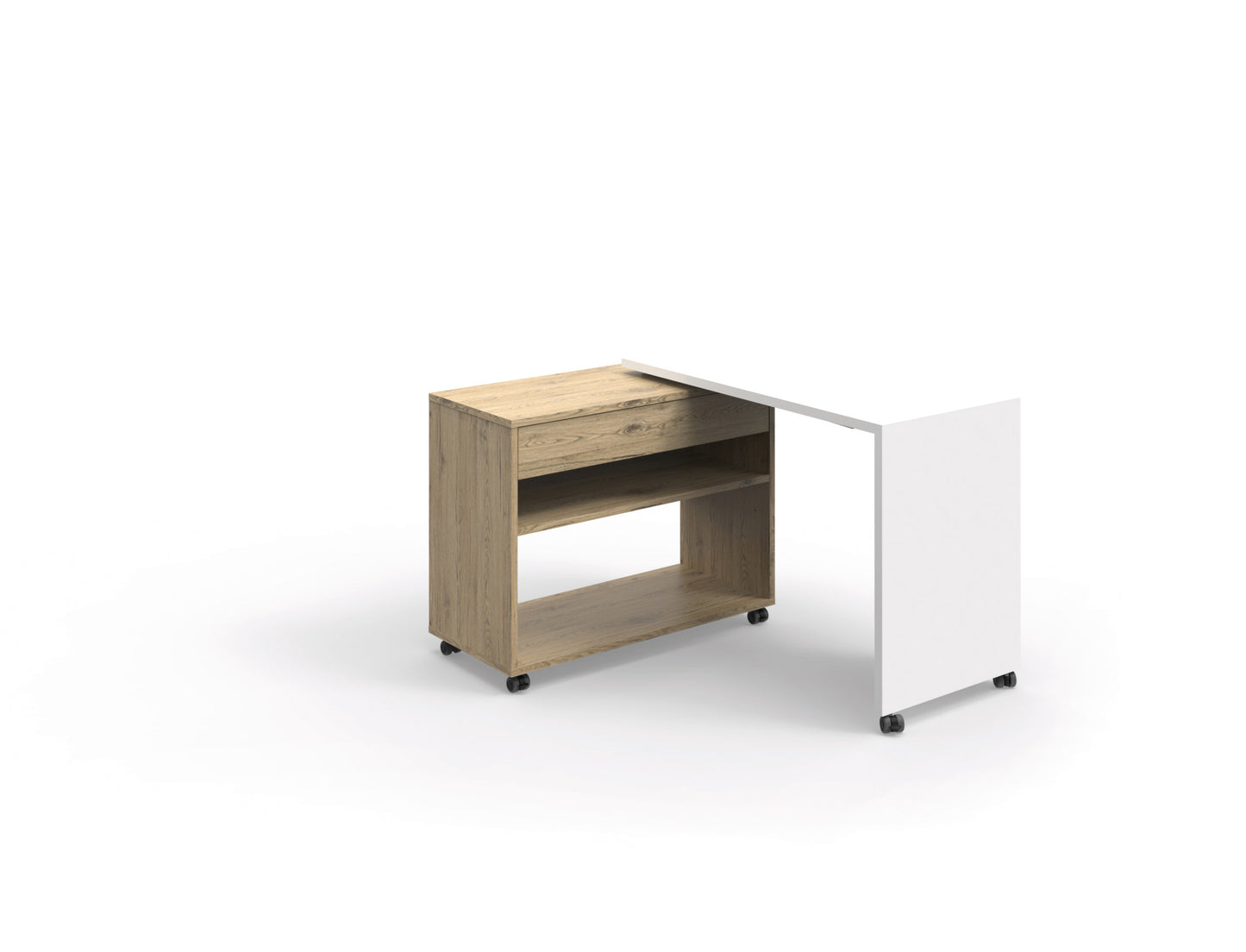 Bureau compact et modulable Homère en mélamine finition blanc, avec plateau pivotant et rangements.