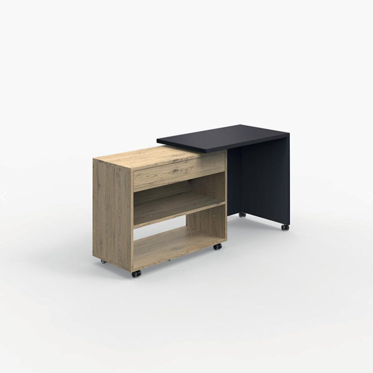 Bureau compact et modulable Homère en mélamine finition noir, avec plateau pivotant et rangements.