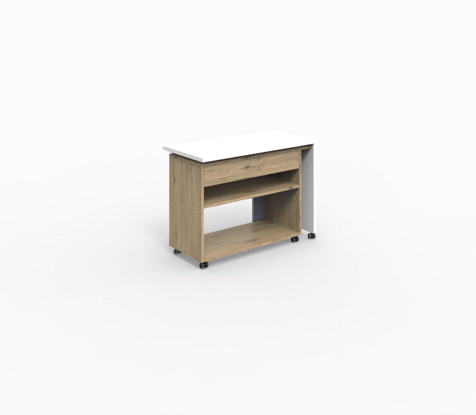 Bureau compact modulable Homère en position fermée avec plateau blanc, montrant les compartiments de rangement ouverts et les roulettes.