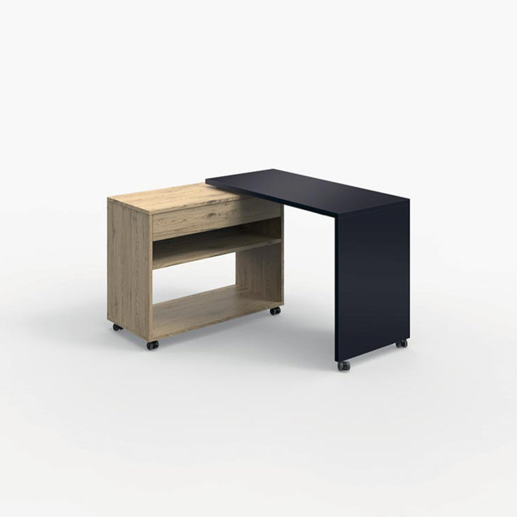 Bureau compact modulable Homère en position ouverte avec plateau noir, montrant l'espace de travail déployé sur roulettes.
