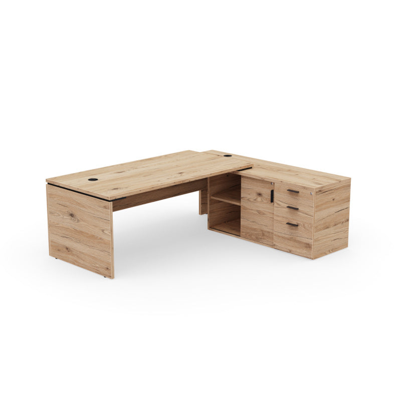 Bureau de direction d'angle Kara 180 cm finition Chêne Brunswick avec meuble de rangement positionné à droite.