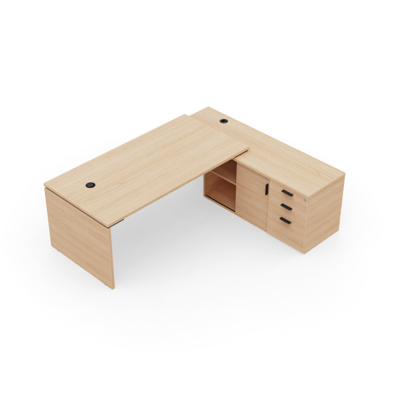 Bureau de direction d'angle Kara 180 cm finition Chêne Naturel avec meuble de rangement positionné à droite. Vue d'au-dessus