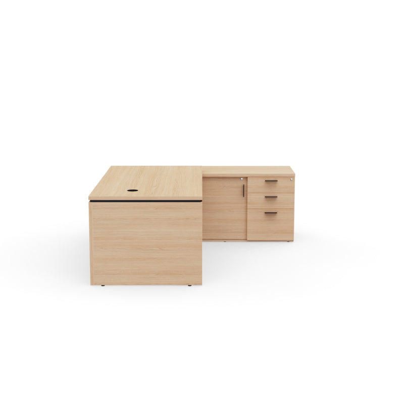 Bureau de direction d'angle Kara 180 cm finition Chêne Naturel avec meuble de rangement positionné à droite. Vue de cote