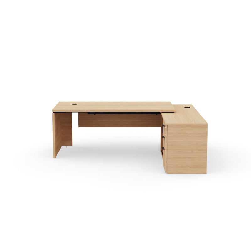Bureau de direction d'angle Kara 180 cm finition Chêne Naturel avec meuble de rangement positionné à droite. Vue de face