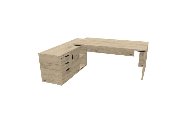 Bureau de direction d'angle Kara 180 cm finition Chêne Brunswick avec meuble de rangement positionné à gauche.